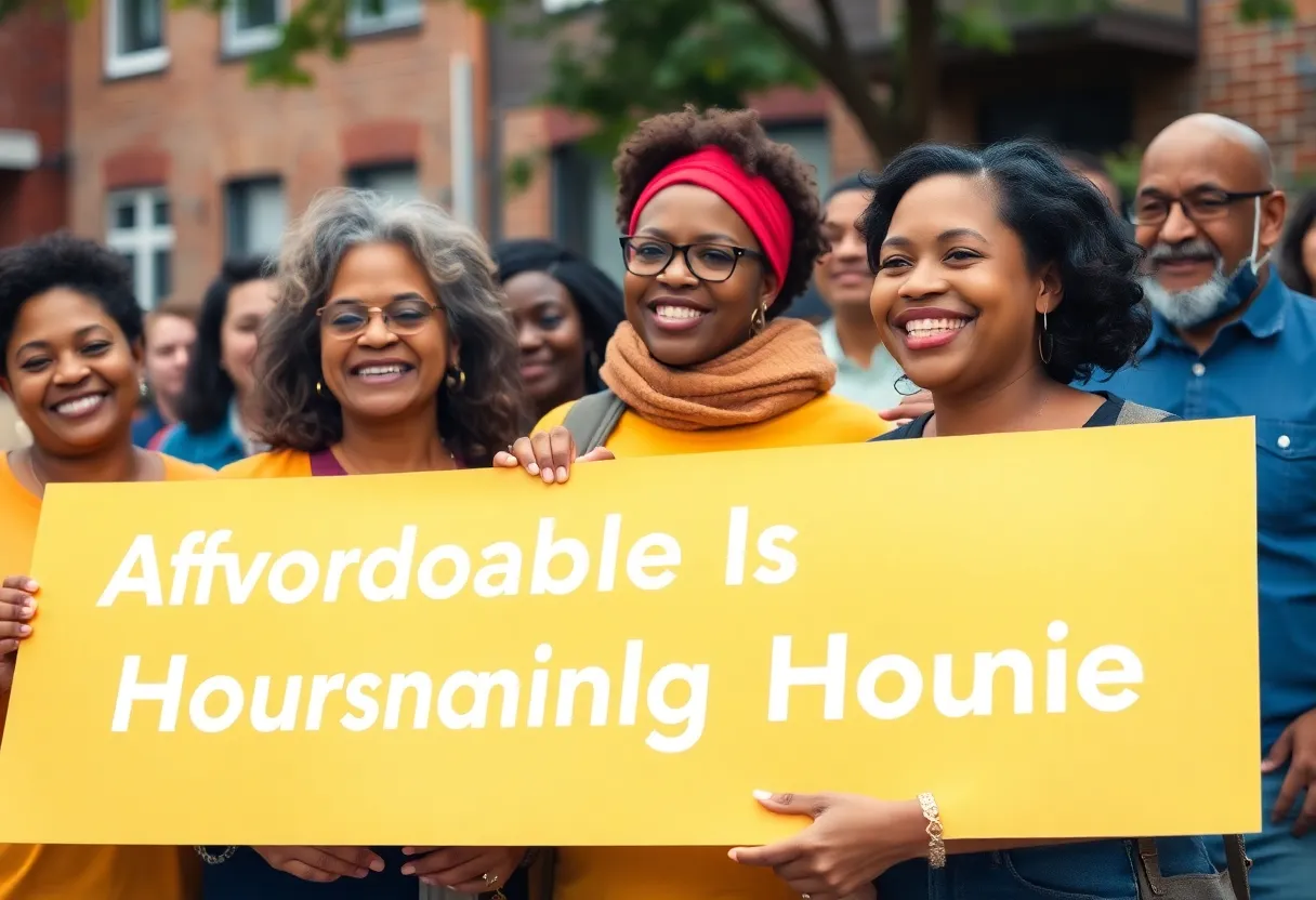 Community members celebrating affordable housing milestone in Boston.