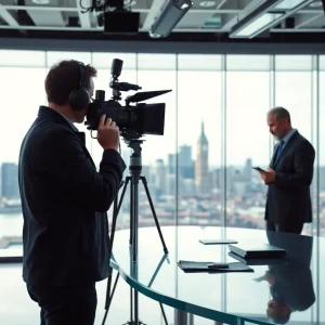 A journalist working with AI technology in a Boston newsroom