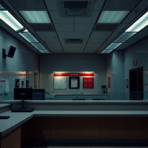 Interior of a bank with a focus on security cameras and teller counter