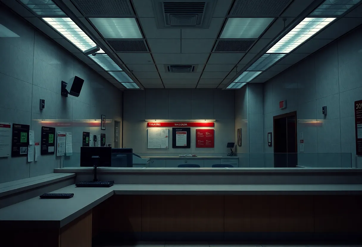 Interior of a bank with a focus on security cameras and teller counter