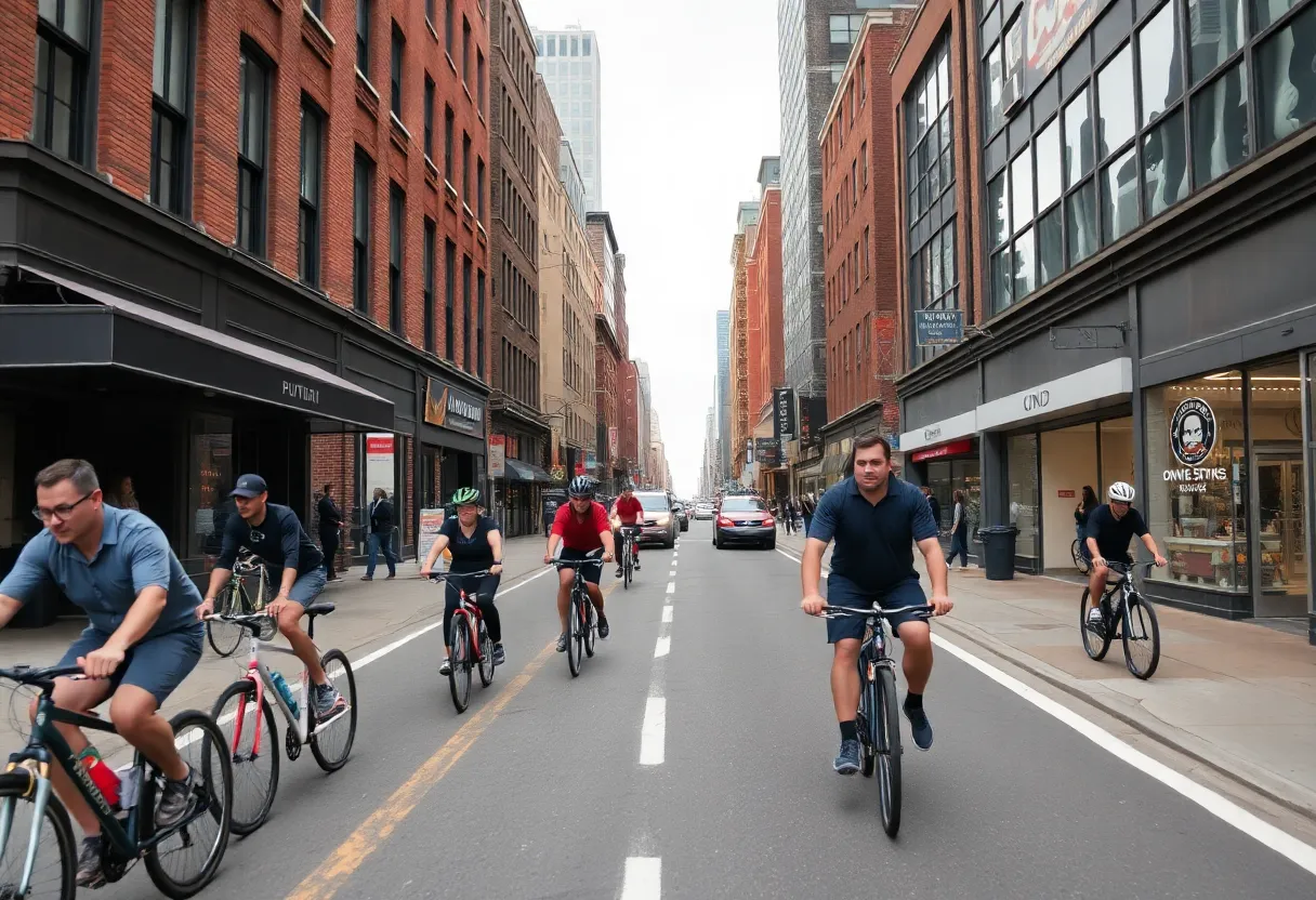 Boston street featuring bike lanes with cyclists and local businesses.