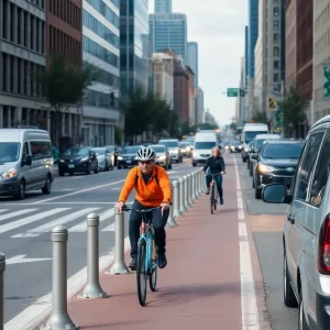 Cyclists navigating in Boston along a bike lane lacking protective barriers surrounded by traffic.