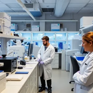 Interior view of a biotechnology lab in Boston with researchers at work.