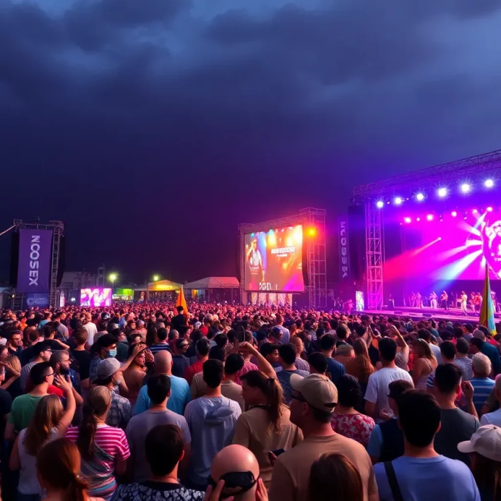 Crowd enjoying the Boston Calling music festival with multiple stages and colorful lights