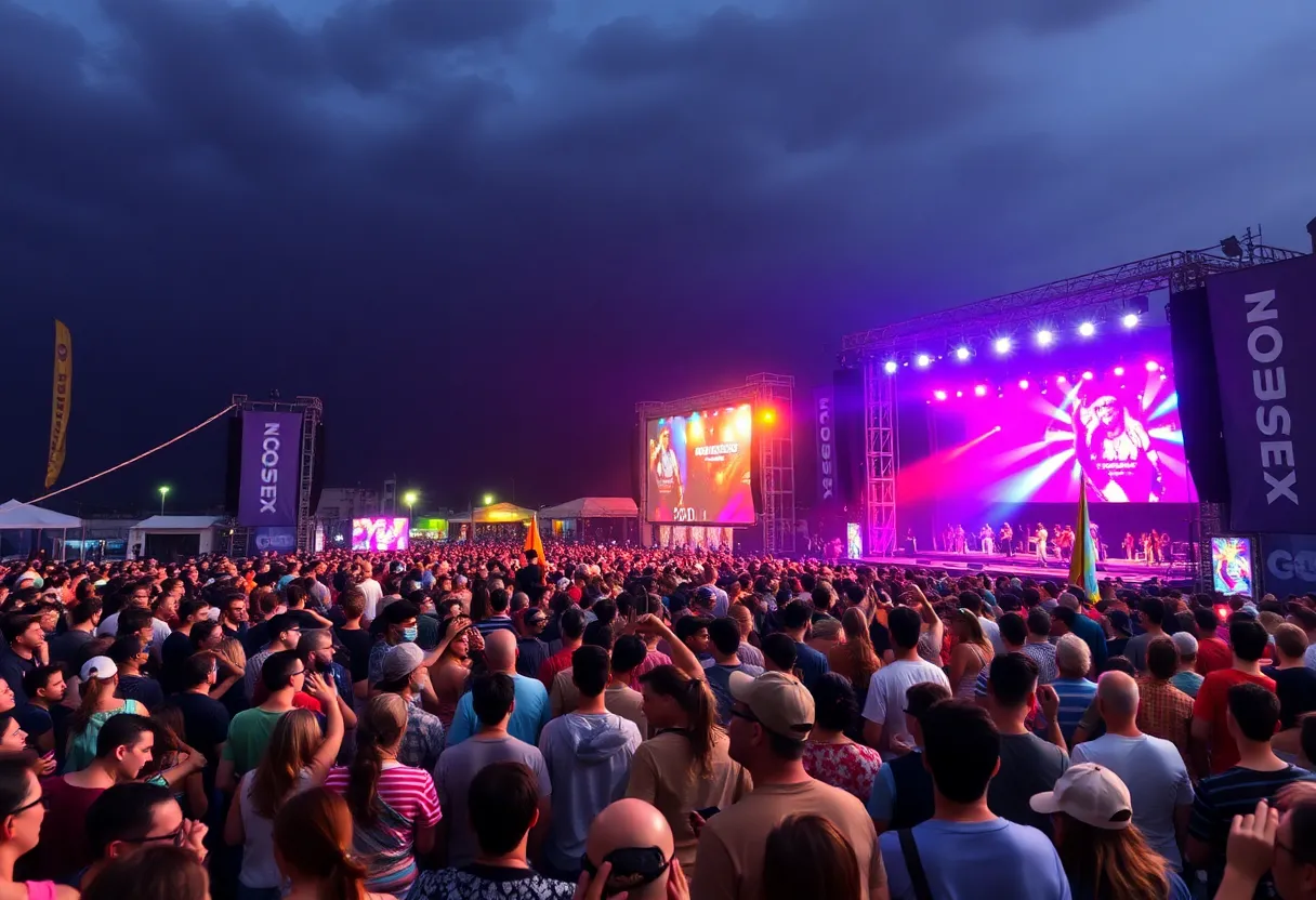 Crowd enjoying the Boston Calling music festival with multiple stages and colorful lights
