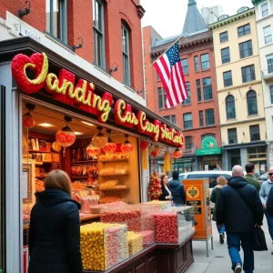 A vibrant candy shop in Boston with various candies on display.