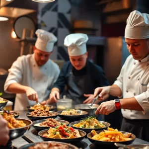 Chefs preparing dishes in a cooking competition
