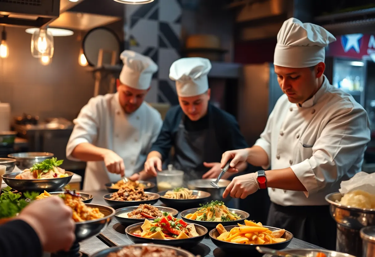 Chefs preparing dishes in a cooking competition