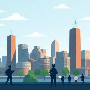Illustration of Boston city skyline with symbols of immigration and law enforcement.