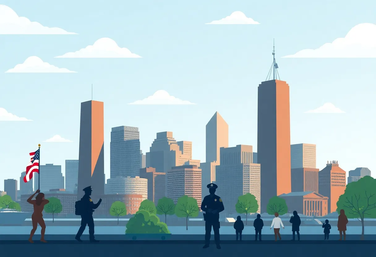 Illustration of Boston city skyline with symbols of immigration and law enforcement.