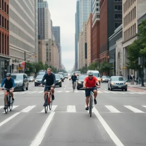 Cyclists on a busy Boston street without protective barriers
