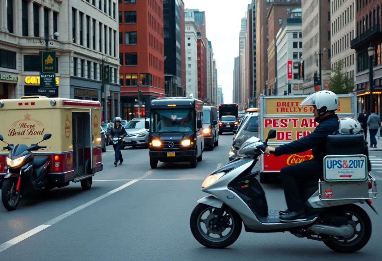 Delivery drivers on a busy Boston street