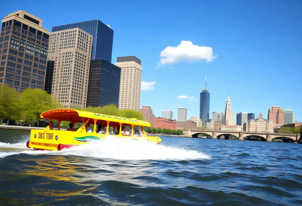 Boston Duck Tours boat in the Charles River with city skyline