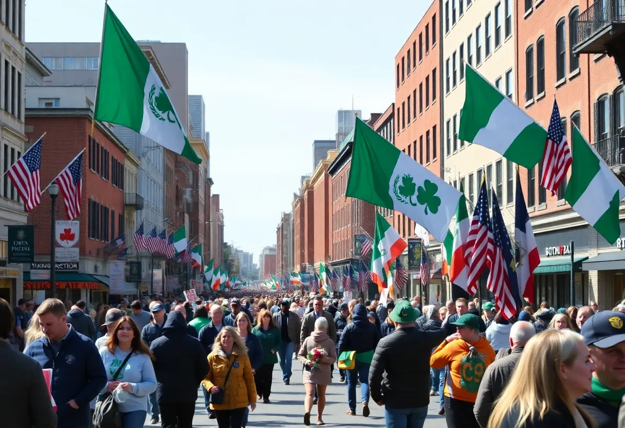 People celebrating the 250th anniversary of Evacuation Day in South Boston