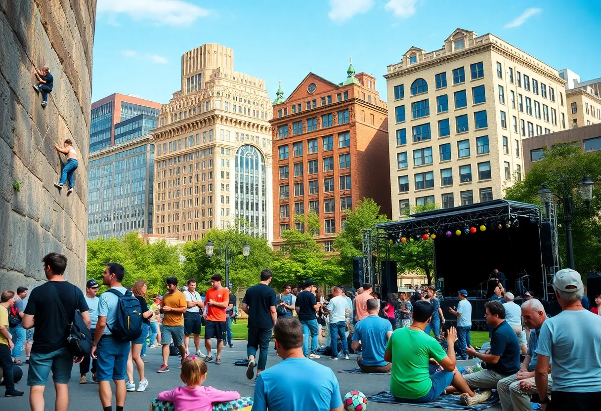 A collage of Boston events including climbing, jazz concert, and cultural activities.