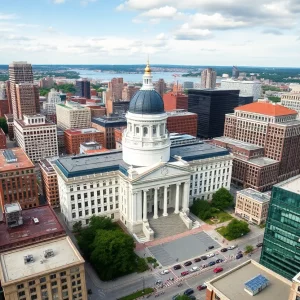 Aerial view of Boston government buildings amidst a busy cityscape.