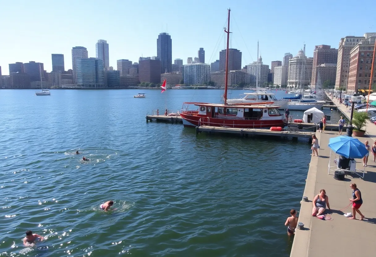A clear and inviting Boston Harbor with people swimming and sailing