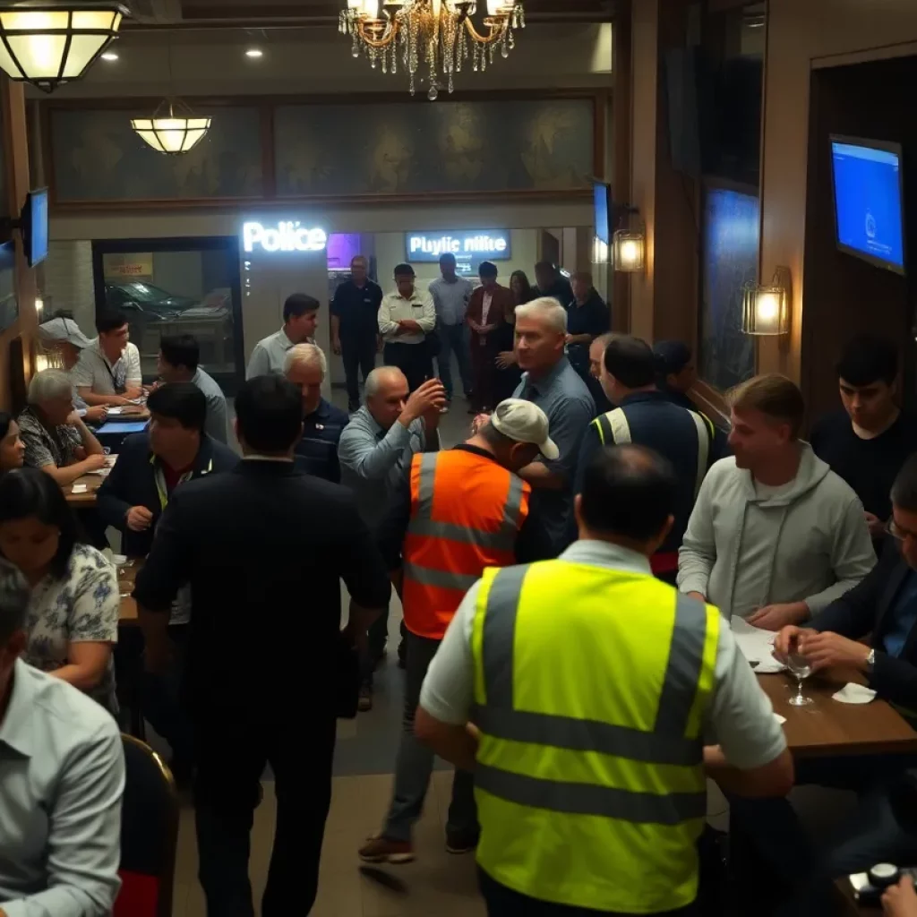 Chaos in a hotel cafe with police and medical assistance.