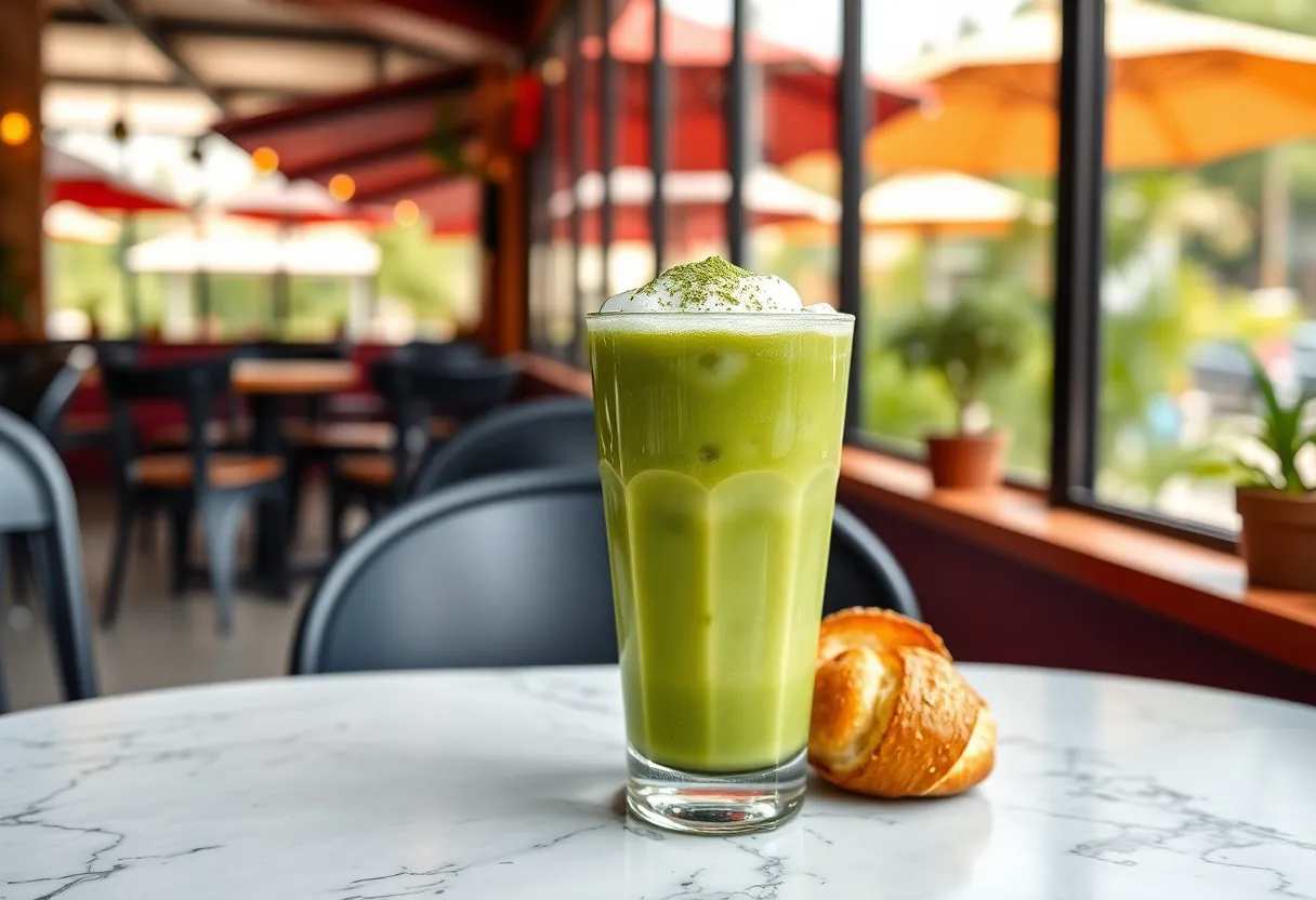 Iced matcha latte in a café setting