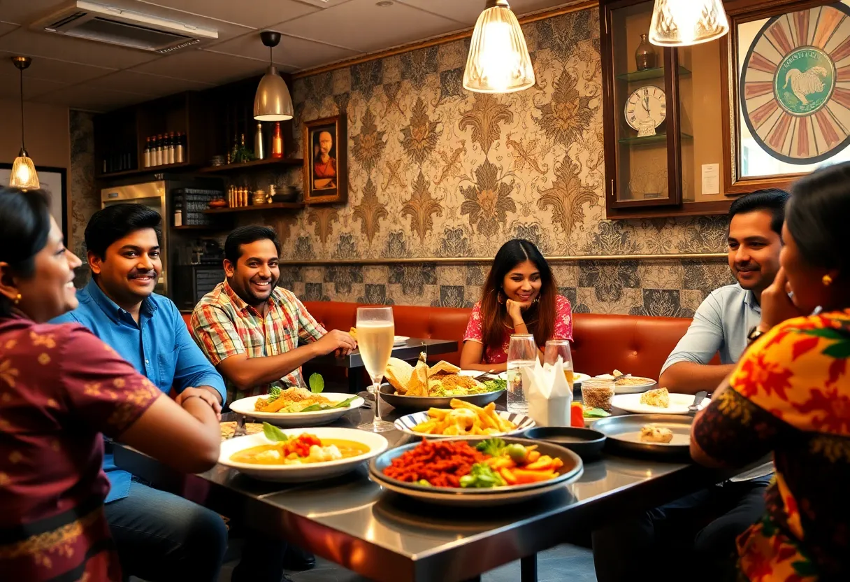 Interior of a bustling Indian restaurant in Boston with diners enjoying flavorful dishes