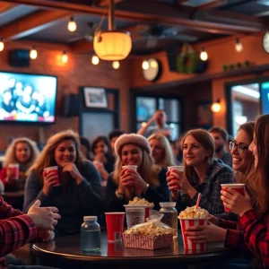 Group of friends enjoying a movie night at a cafe