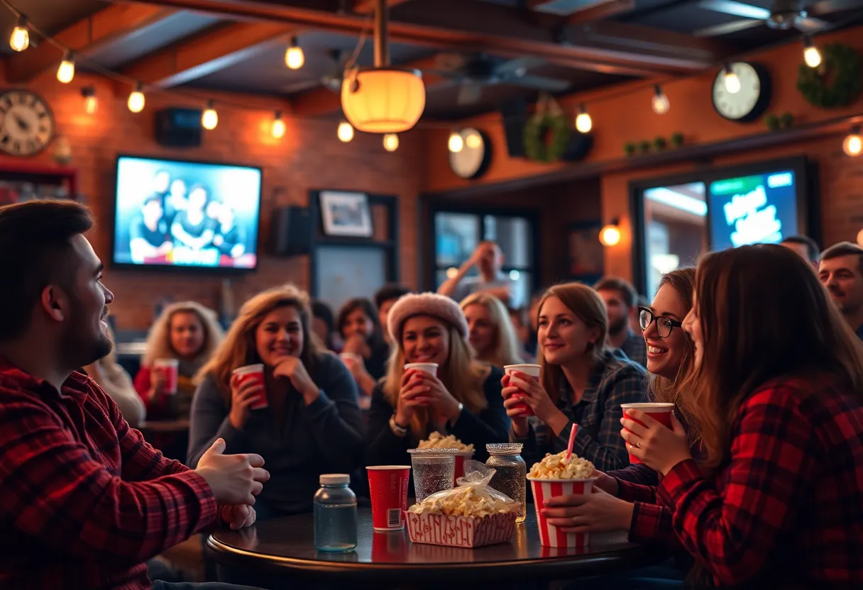 Group of friends enjoying a movie night at a cafe