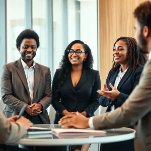 A diverse legal team discussing diversity practices in a modern office.