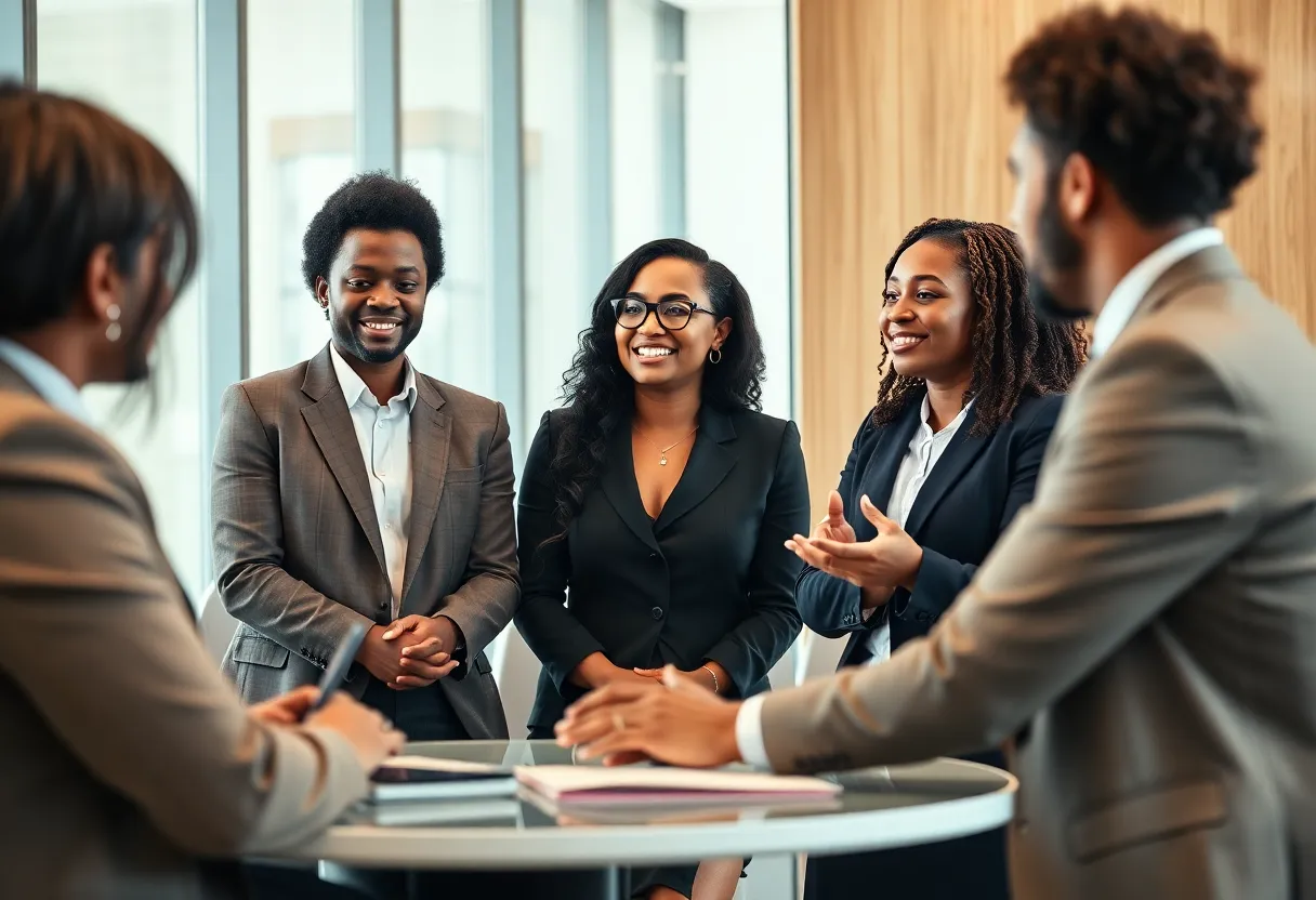 A diverse legal team discussing diversity practices in a modern office.