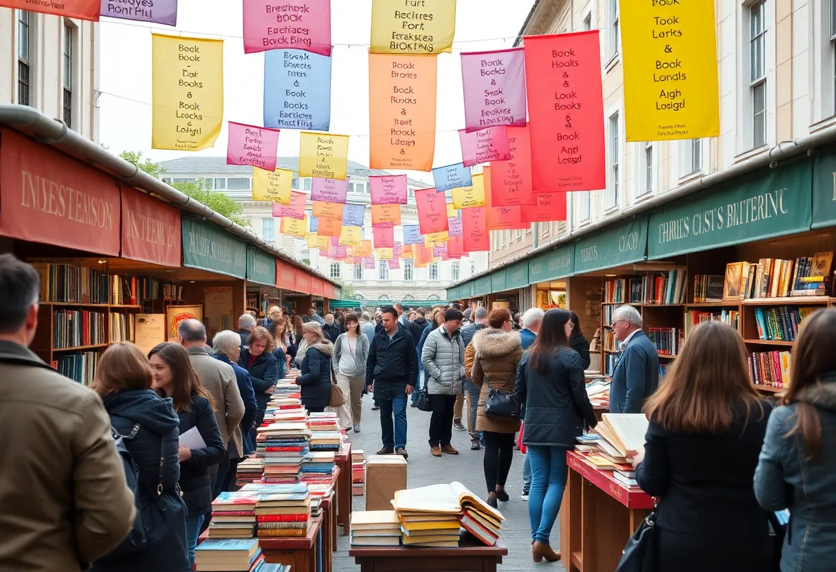 A bustling book fair in Boston showcasing literary events.