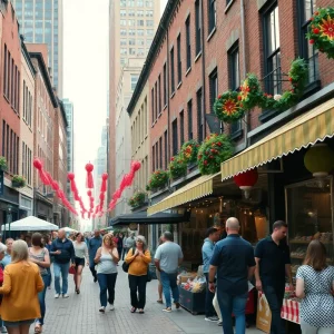 Boston street with a market and happy people celebrating a lottery win.