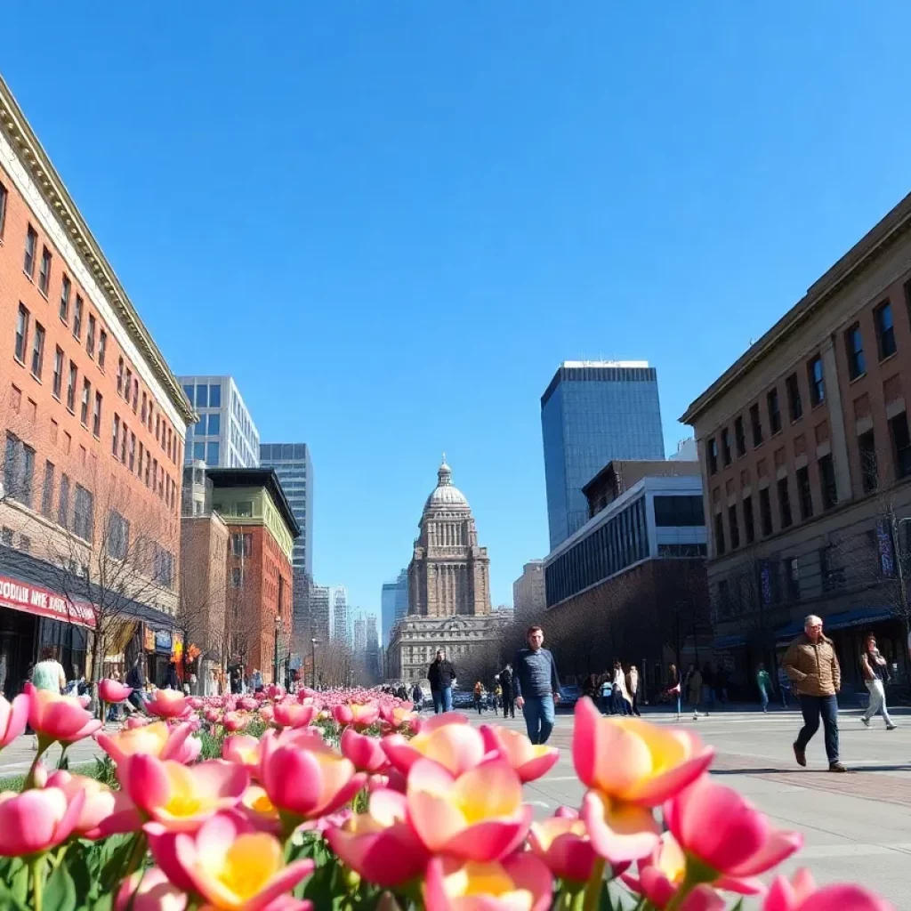 Boston skyline with mixed weather in March