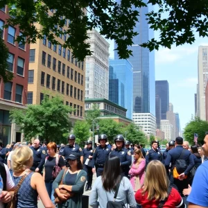 Boston city scene with community engagement and police presence
