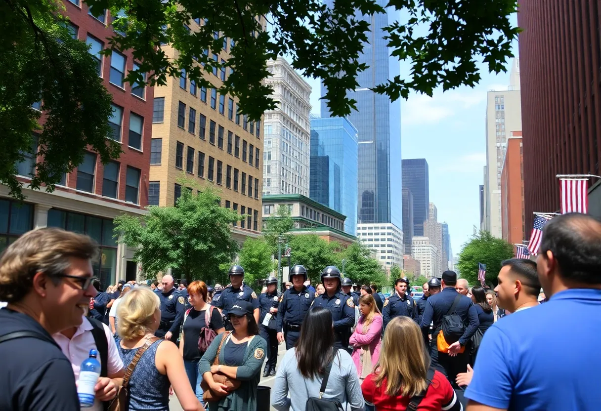 Boston city scene with community engagement and police presence