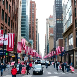 Boston cityscape with political campaign signs and crowds