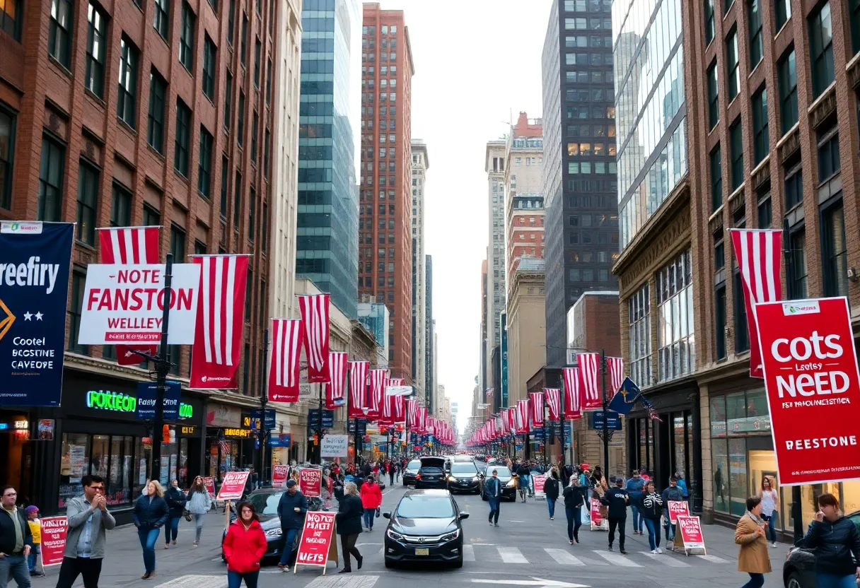 Boston cityscape with political campaign signs and crowds