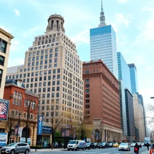 Boston cityscape during mayoral election with campaign signs.