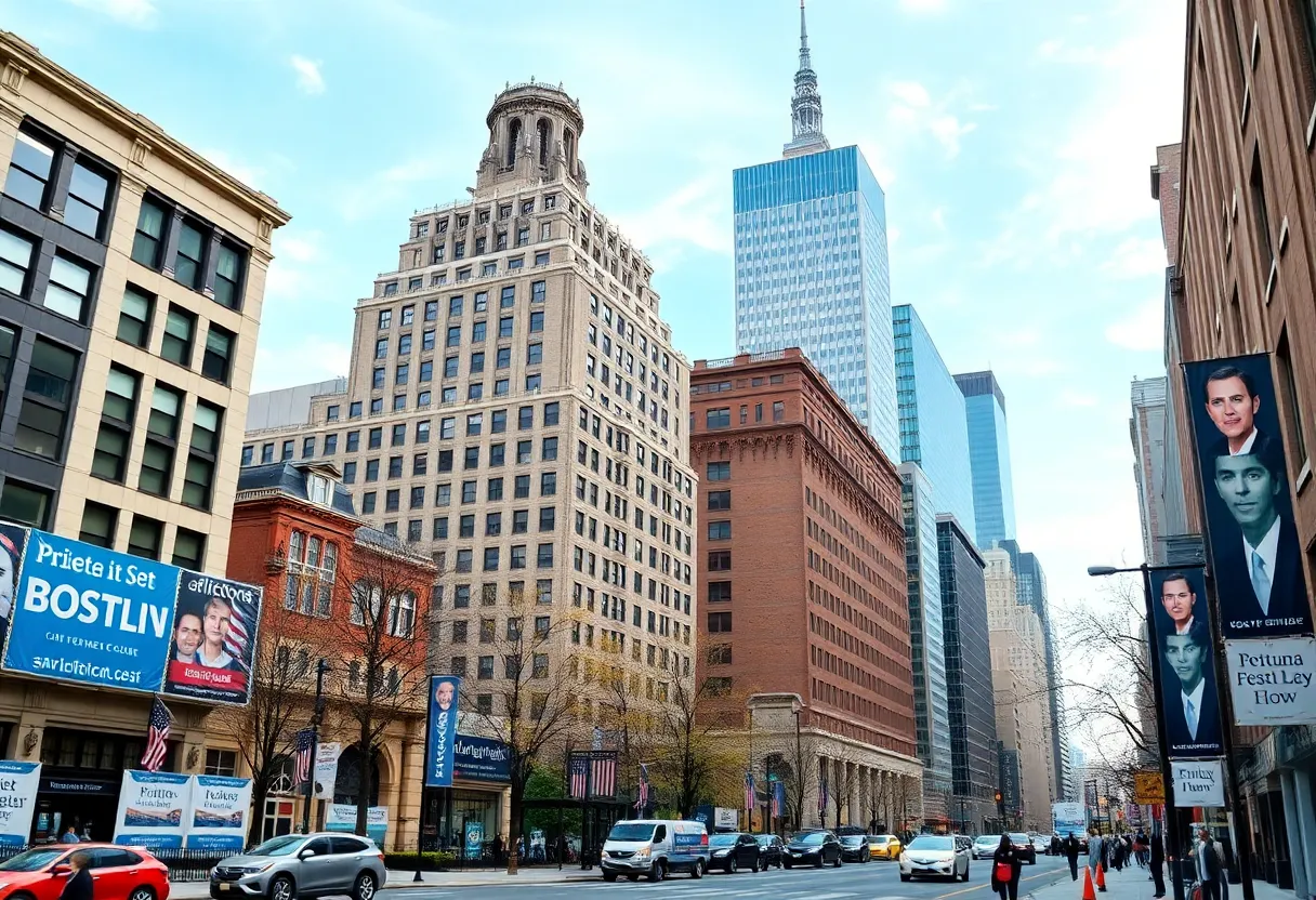 Boston cityscape during mayoral election with campaign signs.