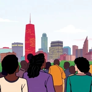 Illustration of Boston's skyline with community members discussing the mayoral race.