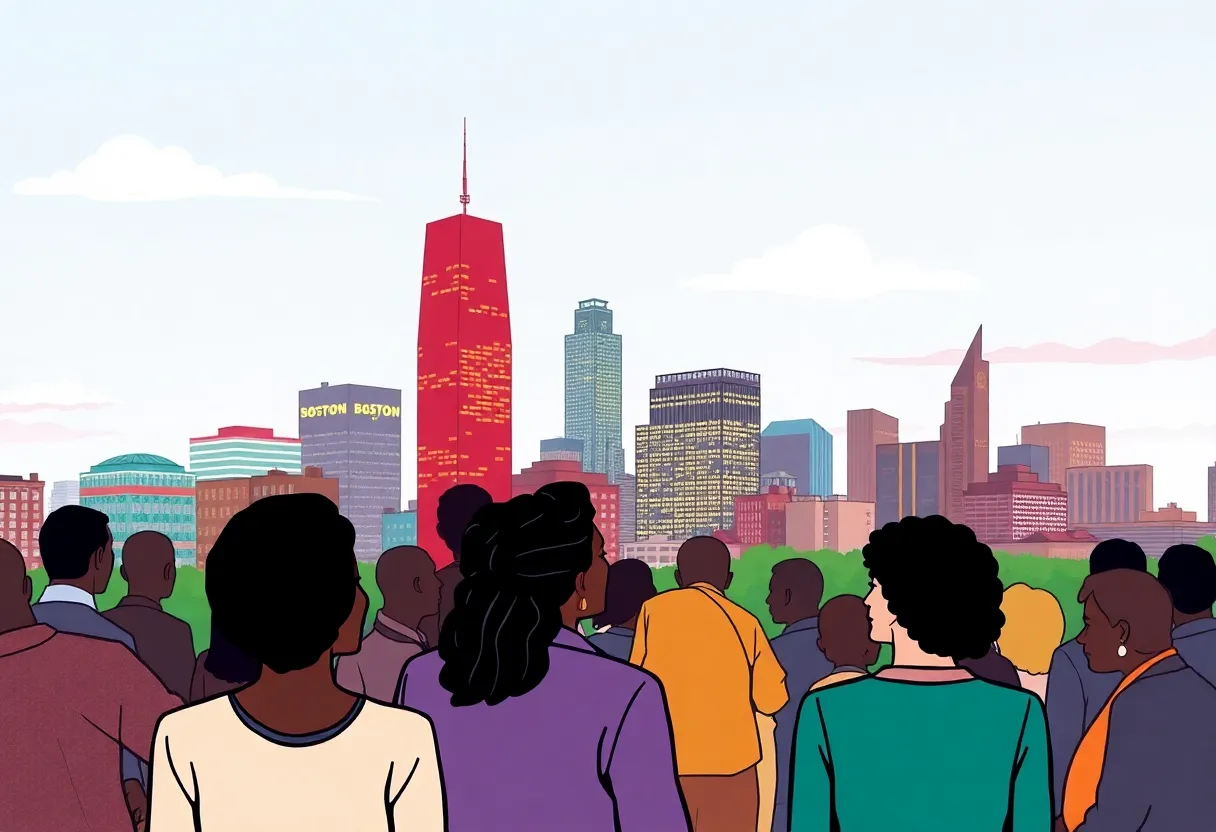 Illustration of Boston's skyline with community members discussing the mayoral race.