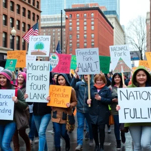 Supporters marching for national parks in Boston