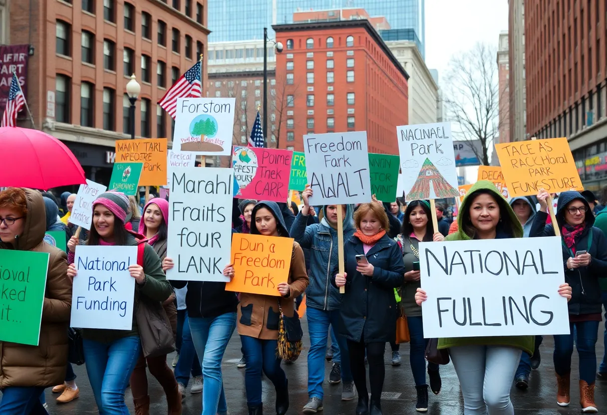 Supporters marching for national parks in Boston