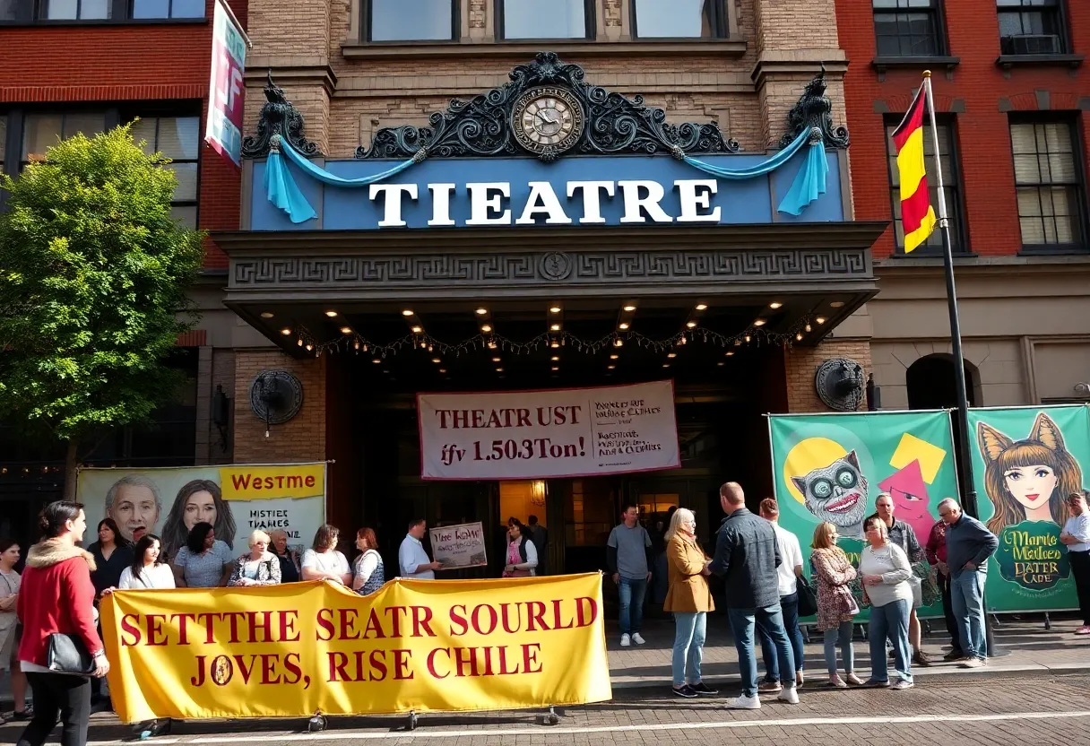 A colorful depiction of the Boston New Works Festival with people enjoying theater performances