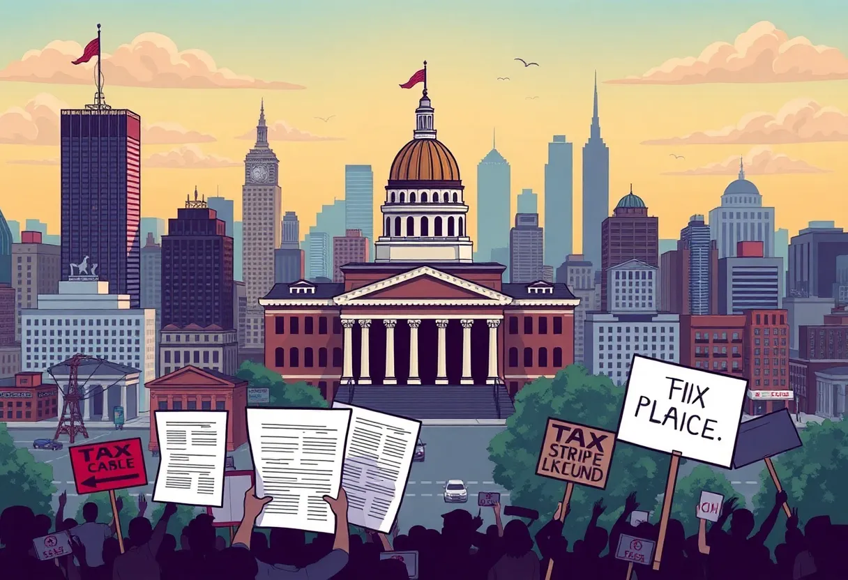 Illustration representing political tension in Boston over taxes.