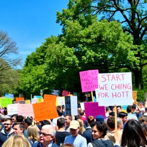 Crowd at Boston protest with banners and signs
