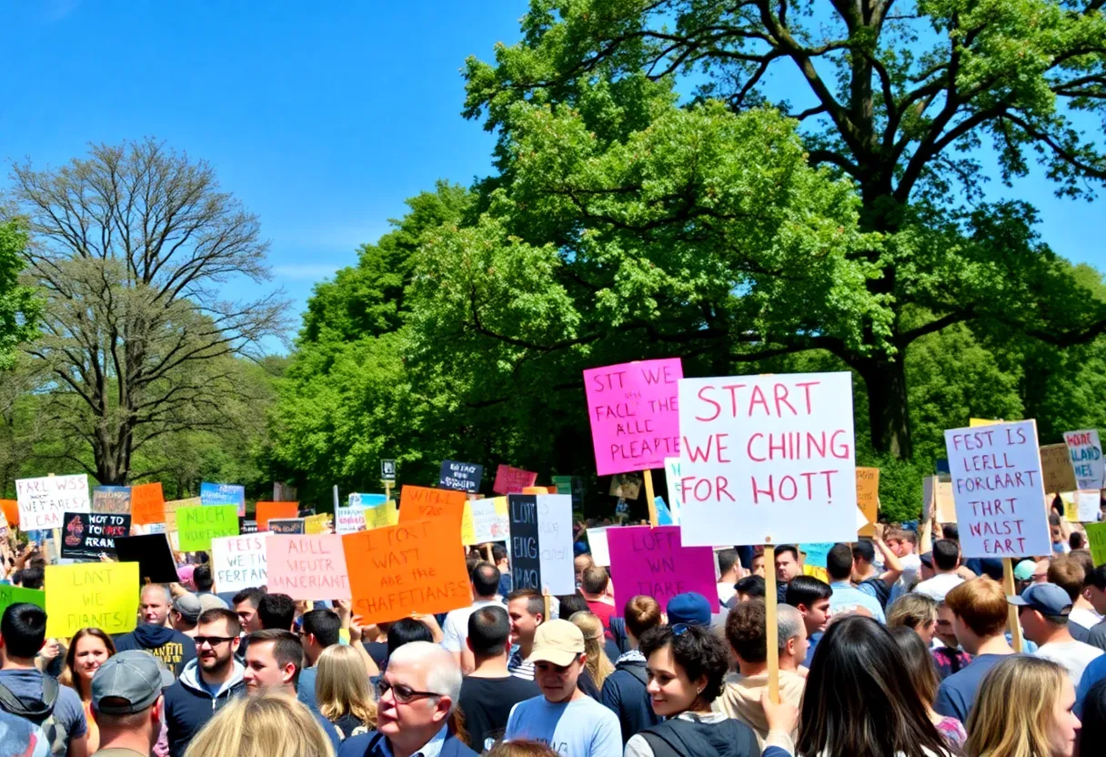Crowd at Boston protest with banners and signs