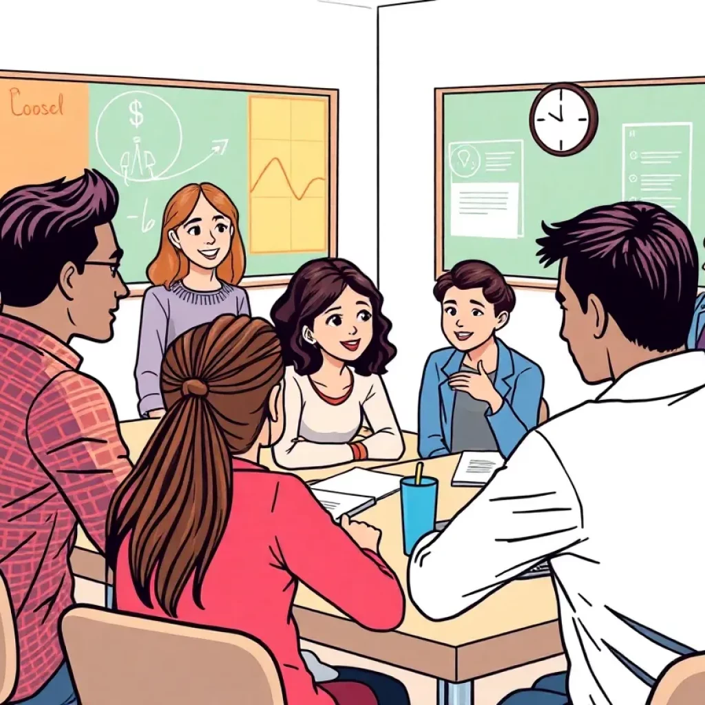 Teachers and students celebrating a contract agreement in a classroom setting.