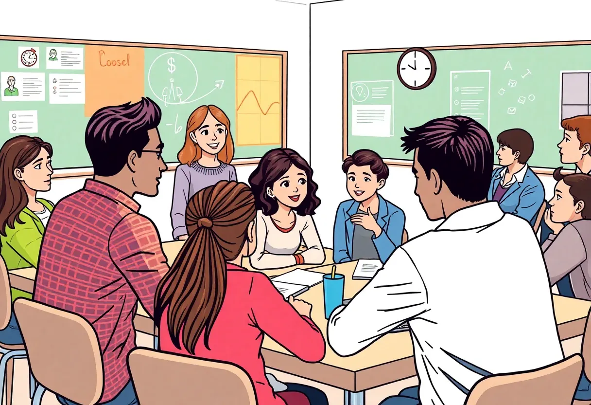 Teachers and students celebrating a contract agreement in a classroom setting.