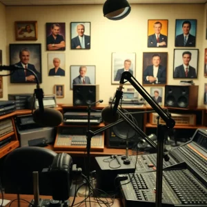 Radio studio with nostalgic elements celebrating Boston radio hosts