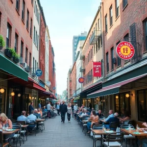 Outdoor dining scene in Boston with happy diners and diverse restaurant options.