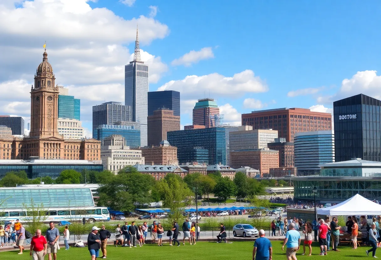 A blend of Boston's historical and modern skyline with people enjoying the park.